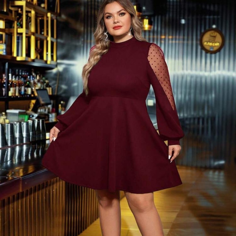 SHEIN dark purple fit and flare dress with sheer panels are the shoulder/sleeves